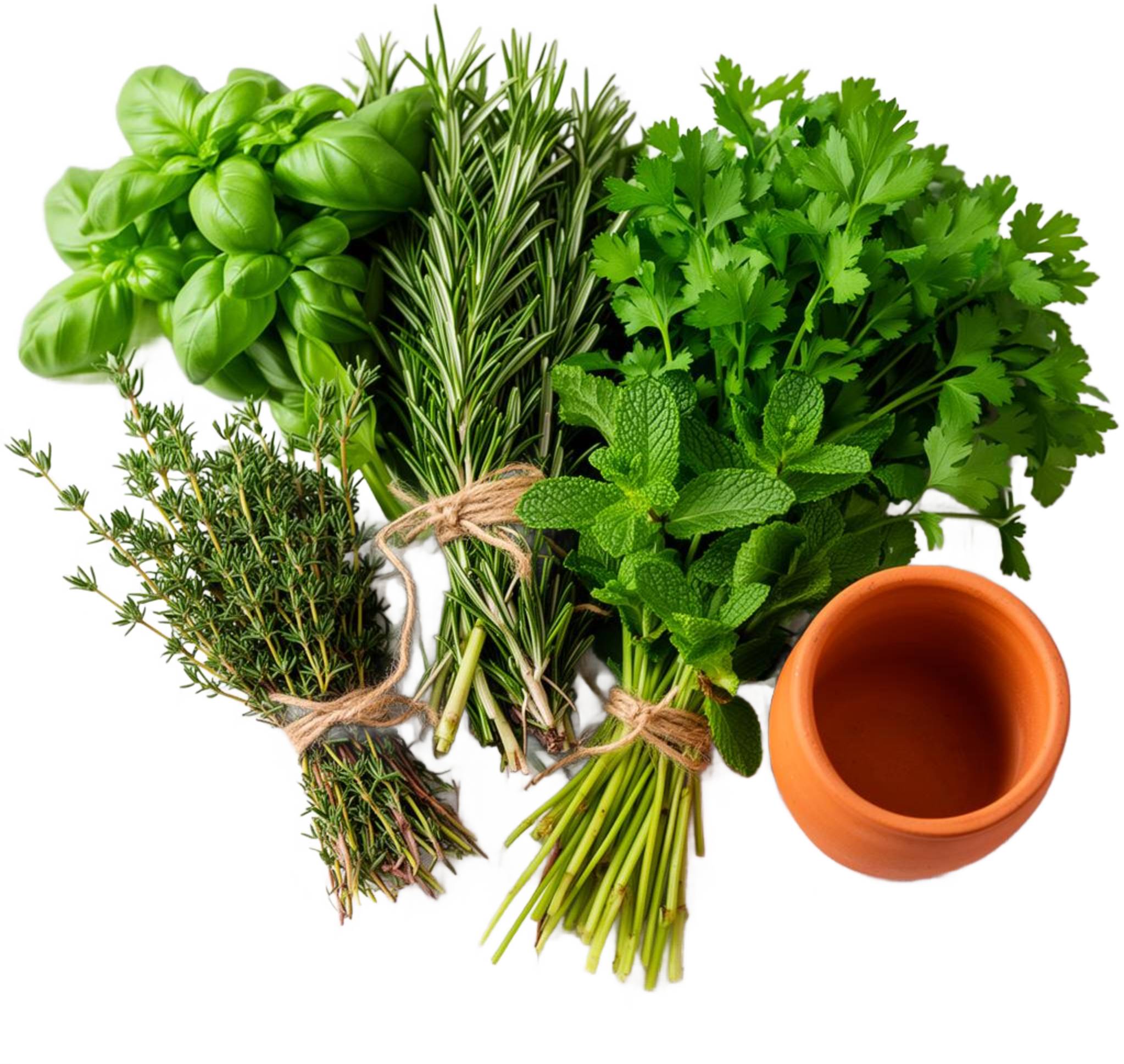 Bundles of fresh basil, rosemary, thyme, parsley and mint with a terracotta pot